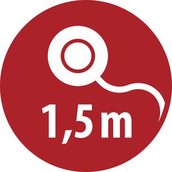 Red circular sign with a white magnifying-glass icon and the text '1,5m'.
