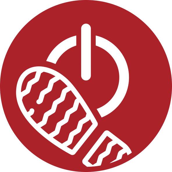 Red warning icon with a white power symbol and a cracked turbine blade, indicating equipment shutdown or damage alert.