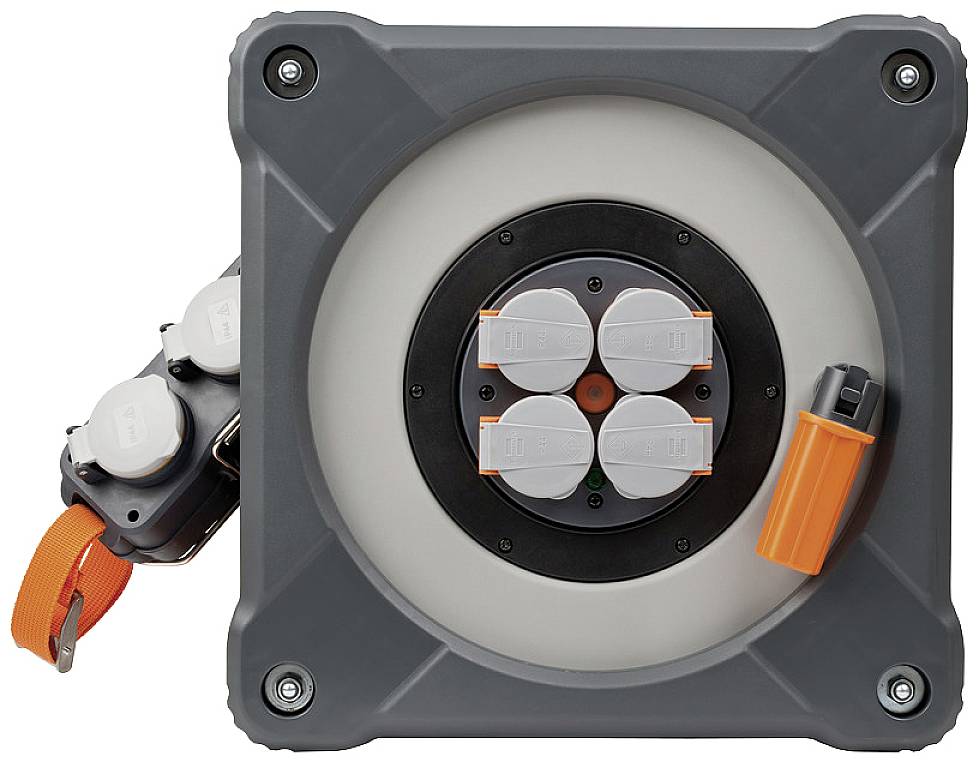 Square cable reel with four plug sockets and an orange handle on the right side. Suitable for electrical connections.