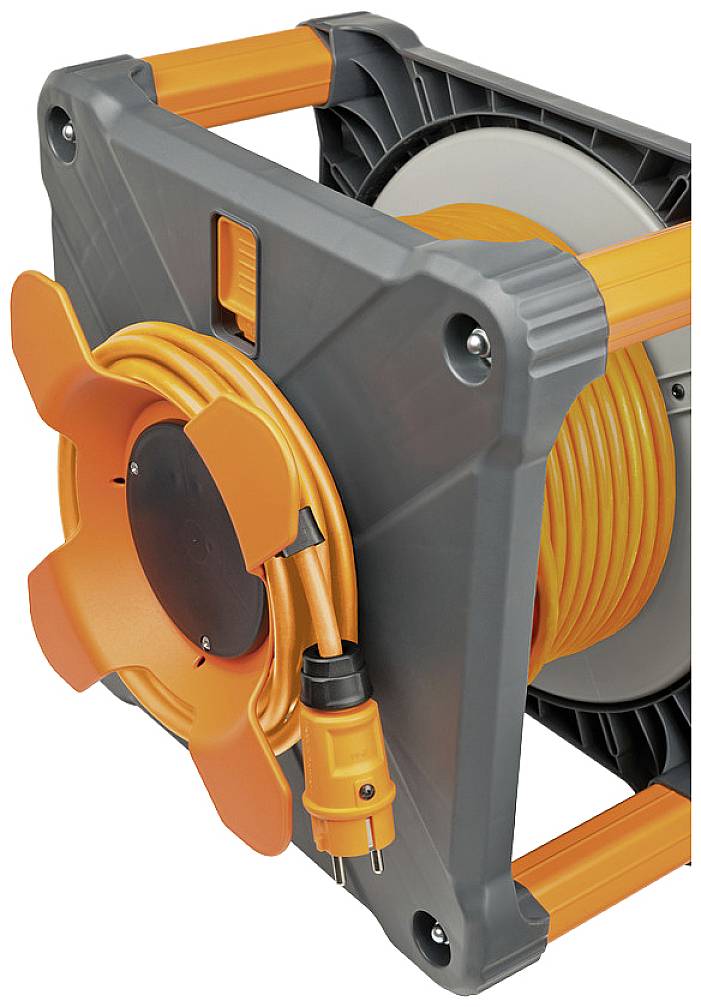 Orange cable reel with crank handle and protective plug, suitable for use in workshops or on construction sites.