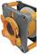 Orange cable reel with crank handle and protective plug, suitable for use in workshops or on construction sites.