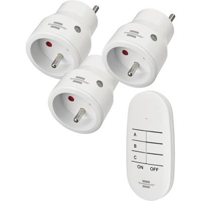 Three white wireless power socket adapters with plugs and indicator lights, plus a matching remote control labeled A, B, C, ON, and OFF.<br>