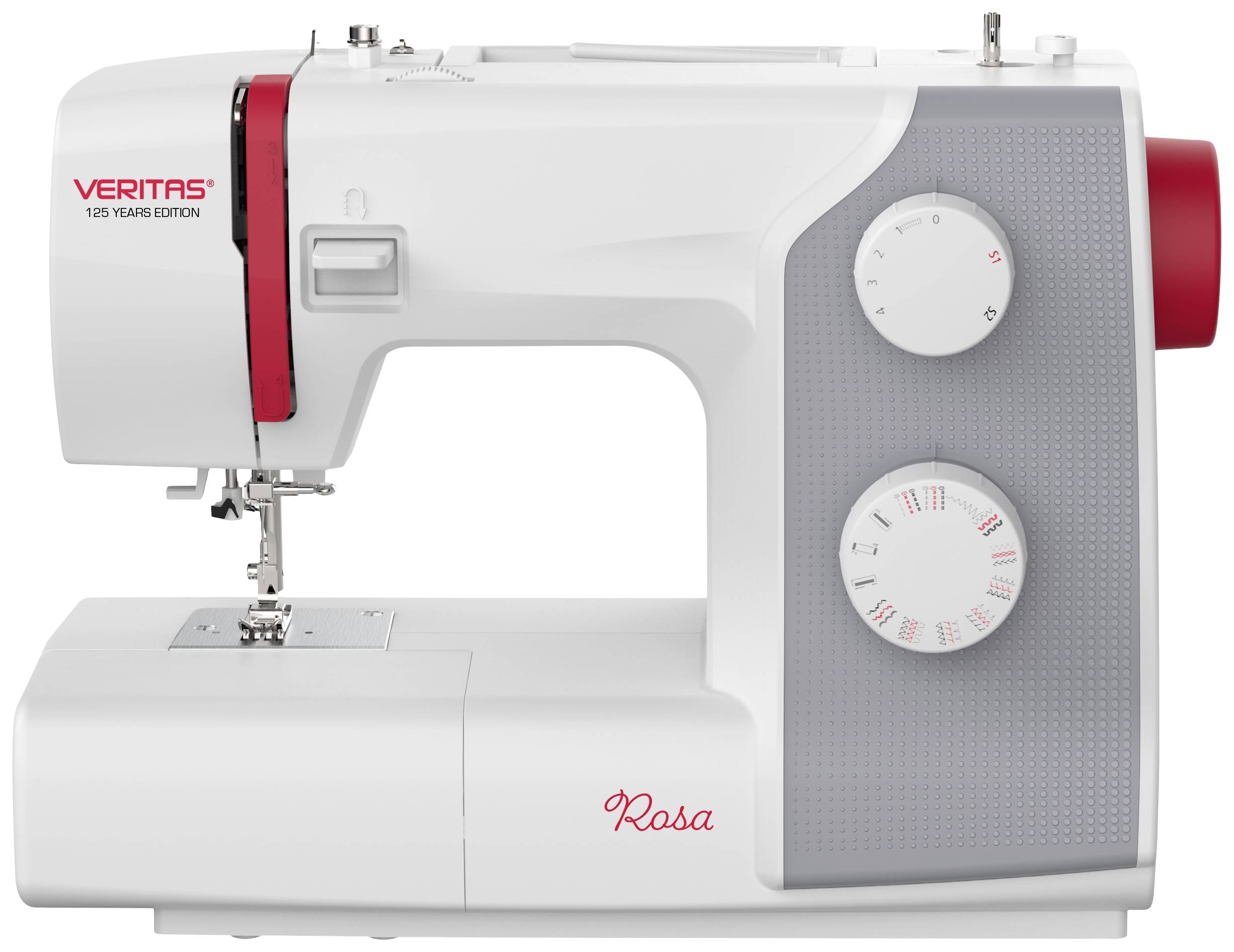 A white sewing machine with red accents, brand name 'Veritas' and model name 'Rosa', shows two large adjustment dials on the right-hand side.