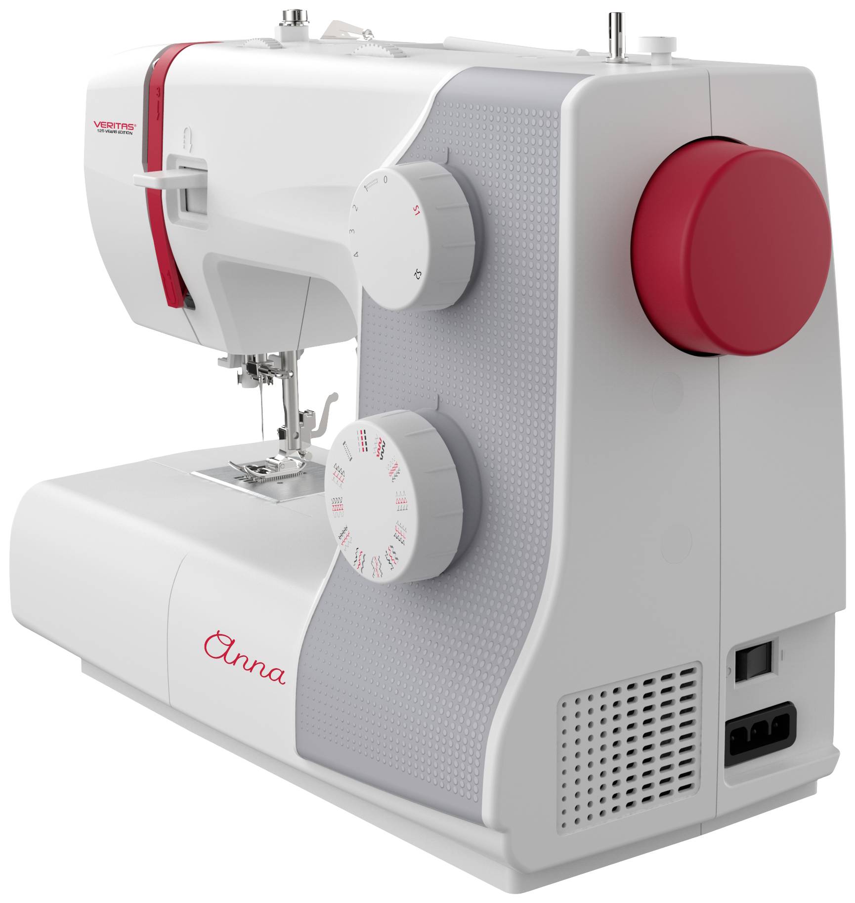 A white sewing machine with red accents and rotary dials for adjustment. It bears the inscription 'Anna' on its side.