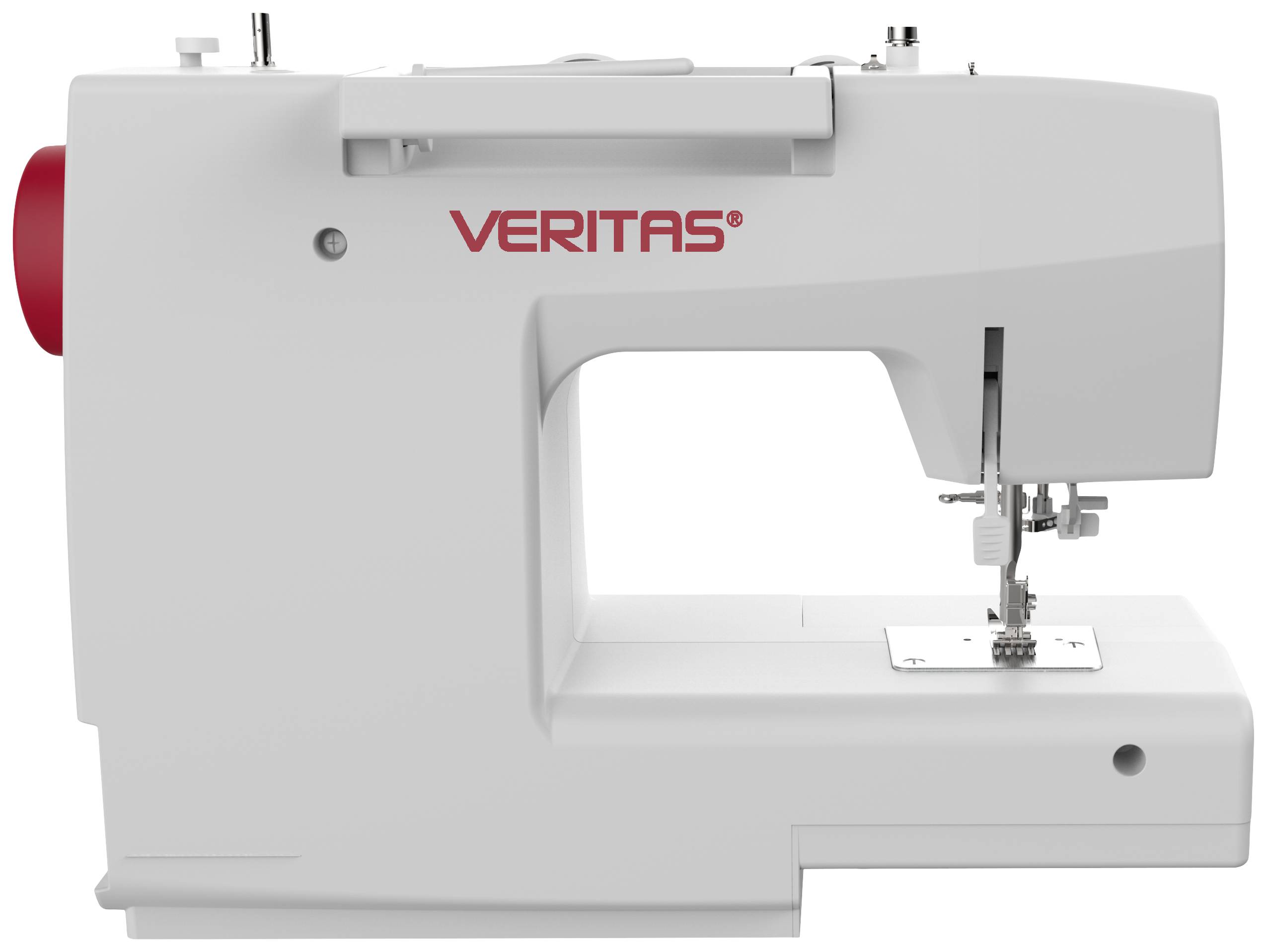 White sewing machine viewed from the side, brand 'VERITAS', with a red button and visible presser foot at the front.