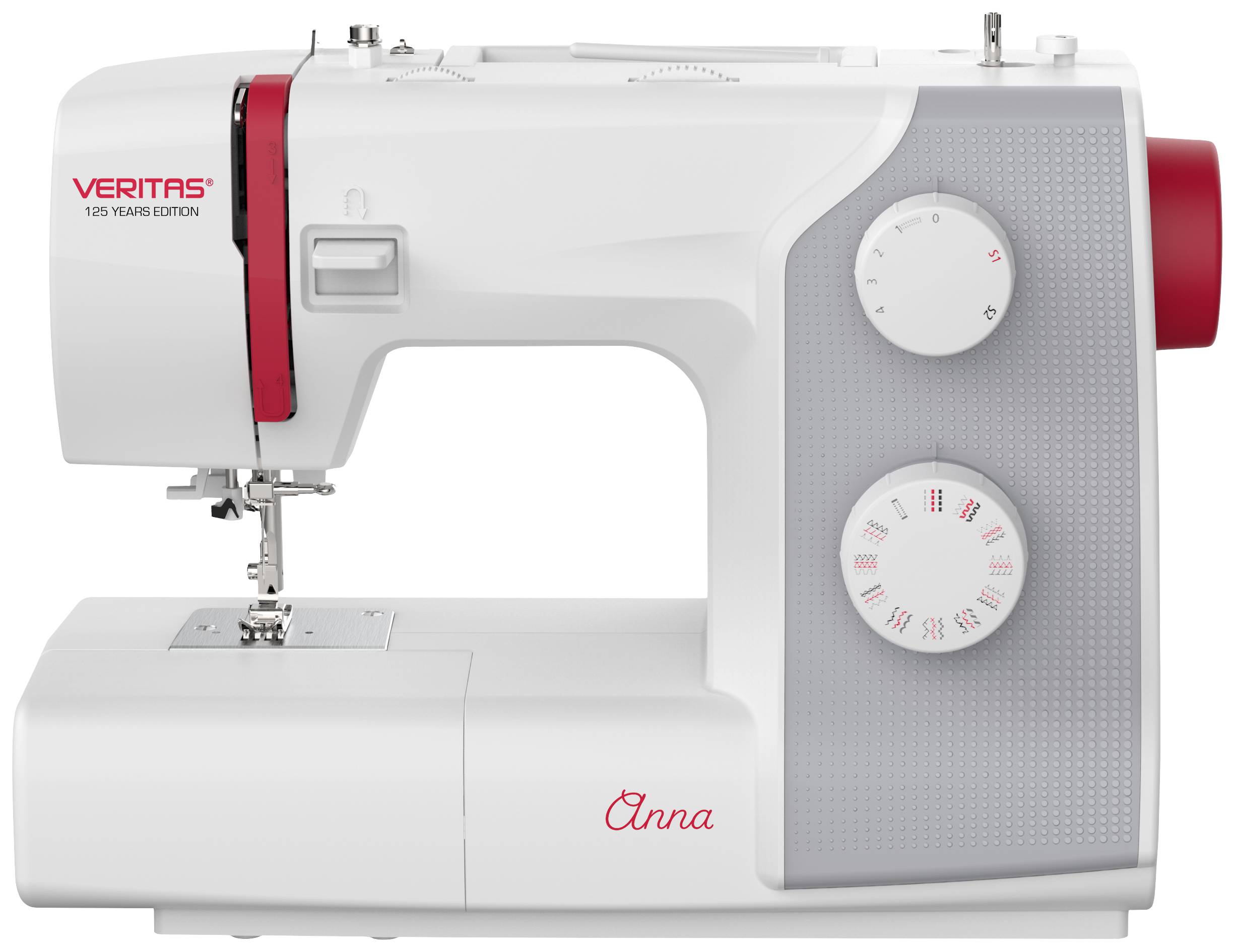 White sewing machine with a red accent, two rotary knobs on the right and the inscription 'Veritas 125 Years Edition'.
