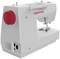 A white sewing machine viewed from the back with a red adjustment dial and black connections. The 'Veritas' inscription is visible on the right.