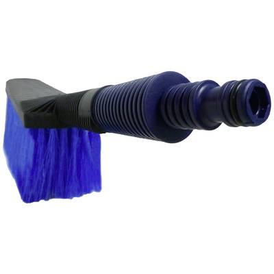 Blue rubber angle broom with an elongated, flexible handle and plastic bristles at a vertical angle. Suitable for cleaning purposes.