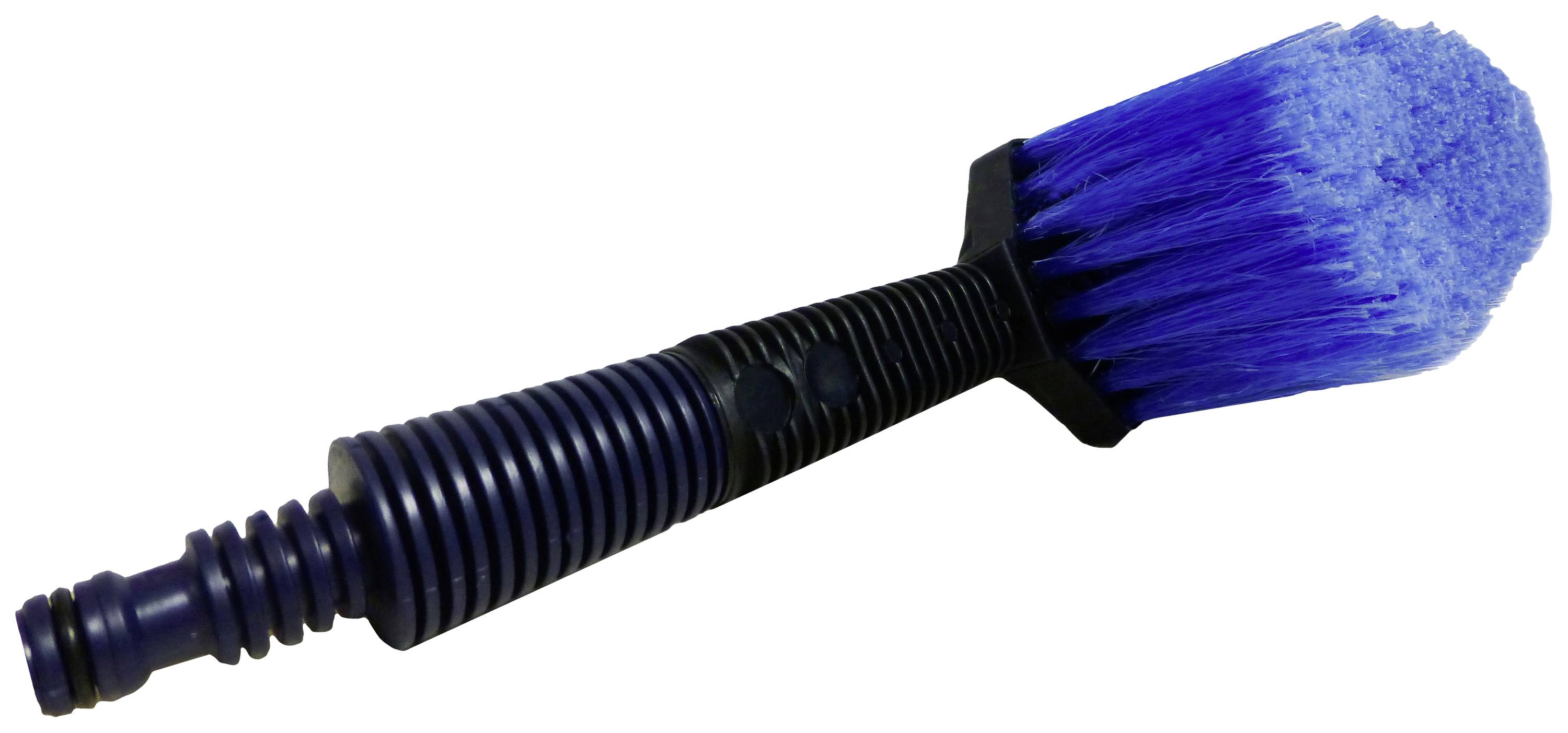 A blue cleaning brush with a ribbed handle and dense bristles, suitable for cleaning surfaces.