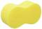 Yellow sponge with a curved shape, commonly used for cleaning, set against a white background.