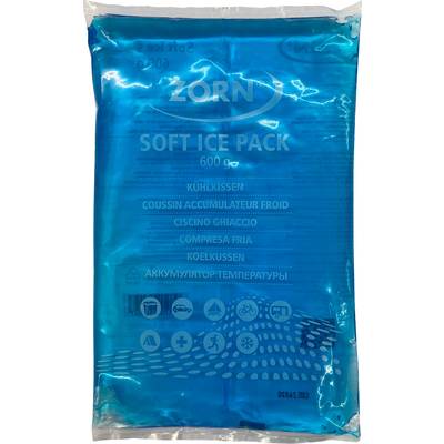 Cool pack, blue, with text in multiple languages. Brand name and instructions for use. Suitable for relieving pain and swelling.