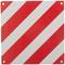 Red warning sign with diagonal white stripes, indicating a hazard or obstacle.