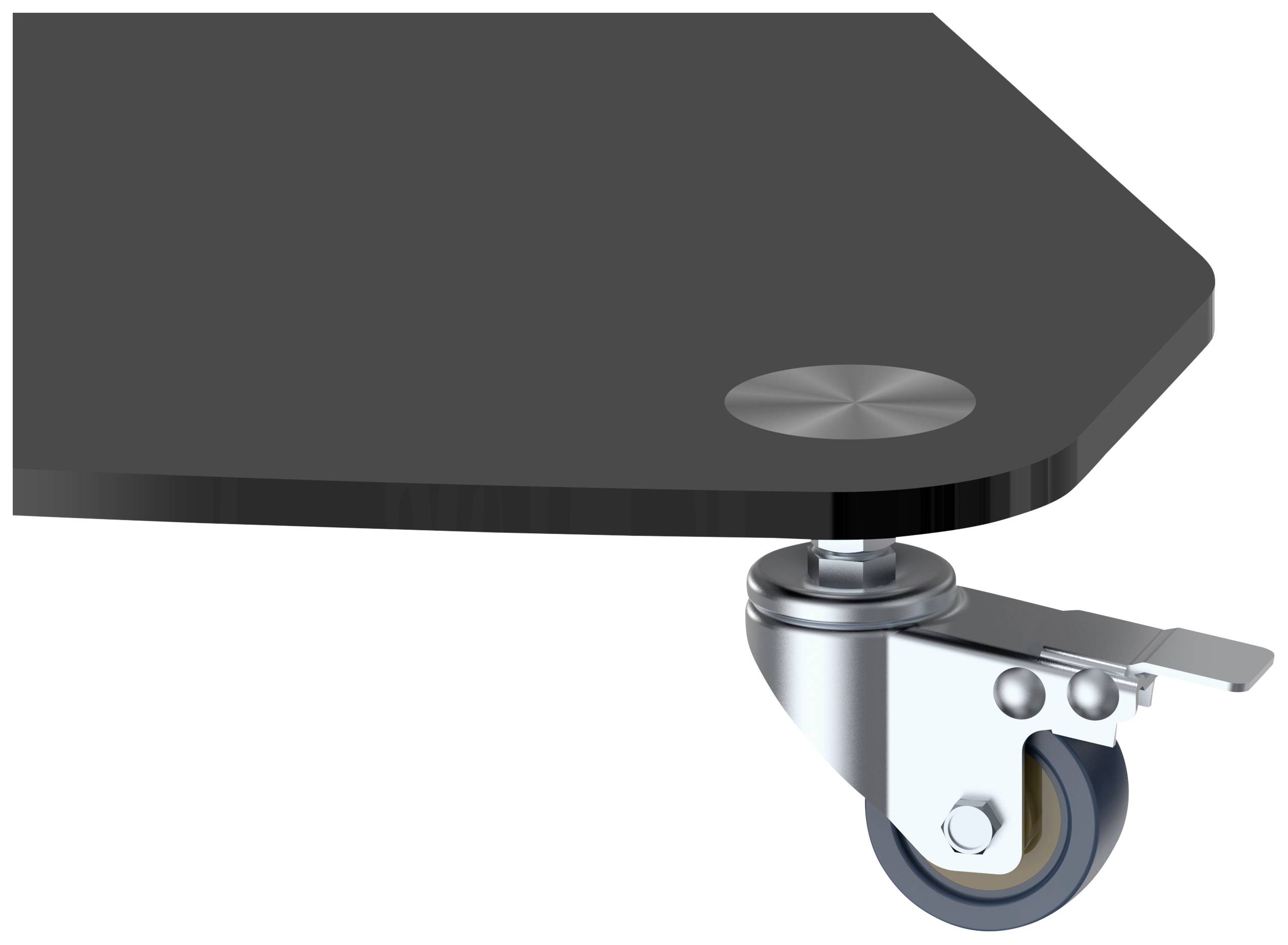Close-up of a dark grey piece of furniture with a metal castor on its underside, possibly a mobile table or platform.