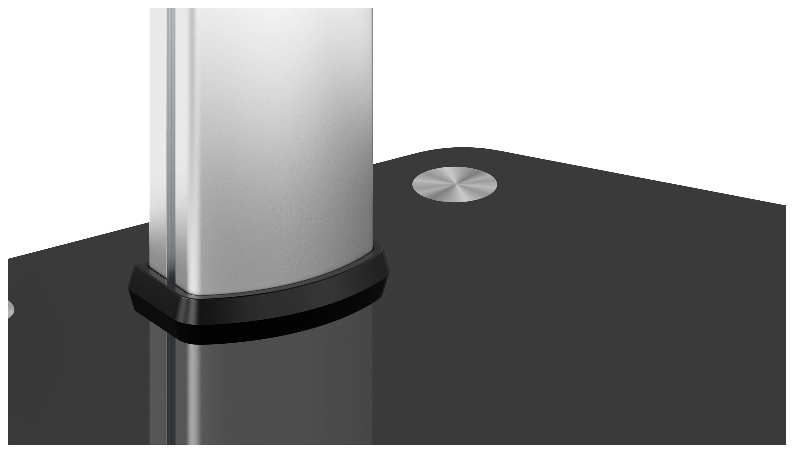 A close-up shows a section of a black, shiny surface with a metallic, vertical element.