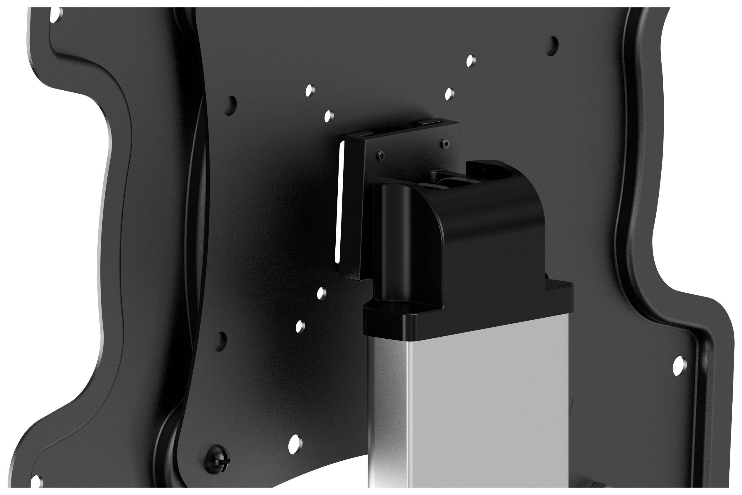 A metal mount for a screen or monitor. Sturdy arm with multiple adjustment points, black and silver in colour.