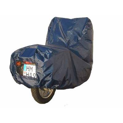Motorcycle with blue tarpaulin cover, number plate visible.