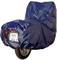 Motorcycle with a blue cover, rear wheel and part of the rear light visible, on a white background.