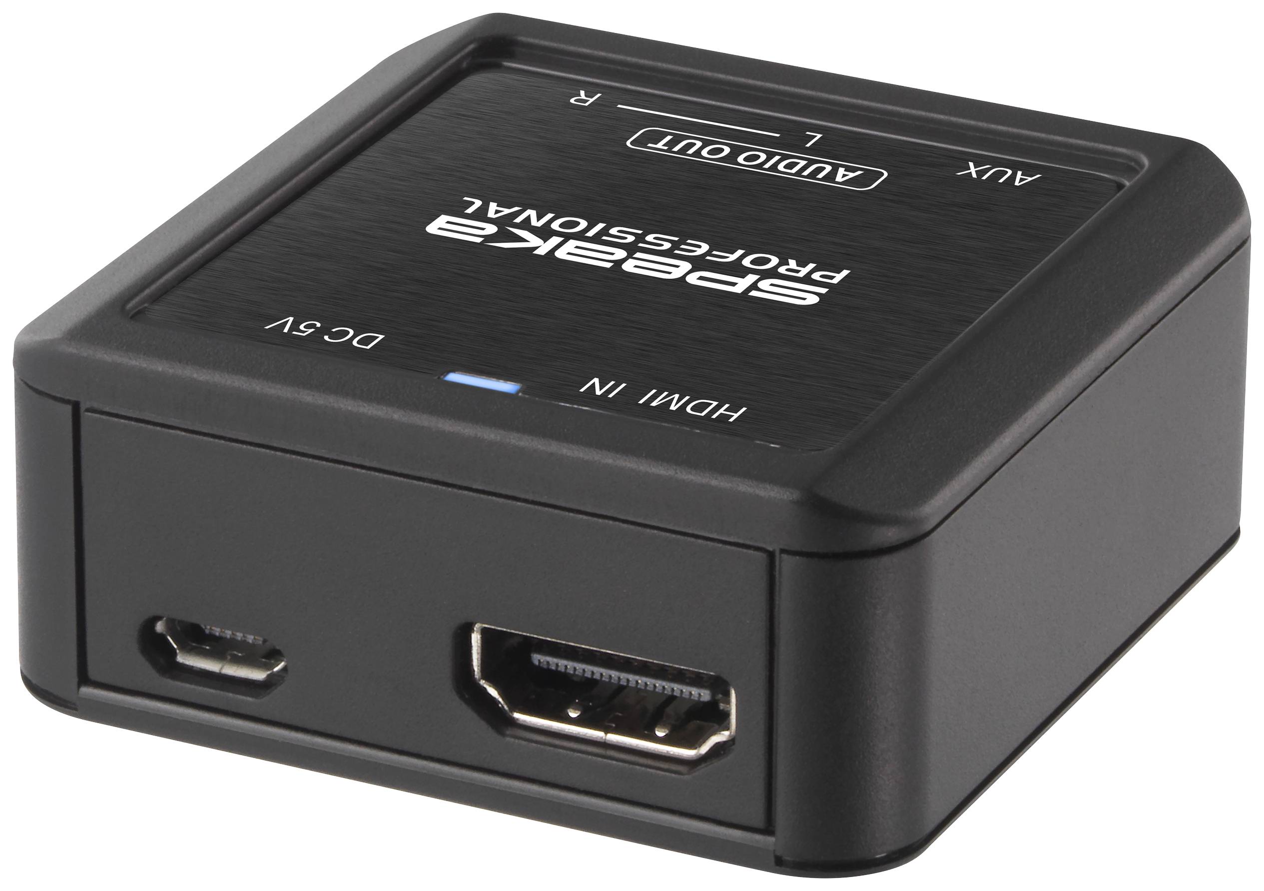 A black HDMI audio extractor with connections: HDMI IN, DC 5V, AUX, and AUDIO OUT.