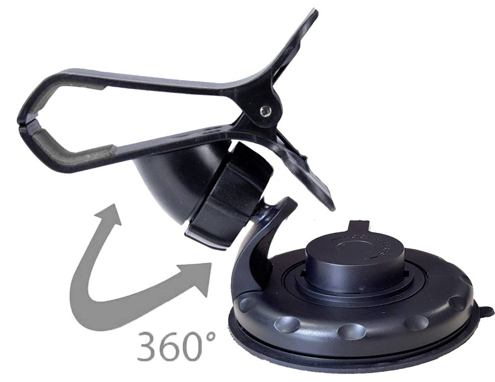 'Black suction cup with mounting bracket, shows 360-degree rotation function via arrow symbol.'