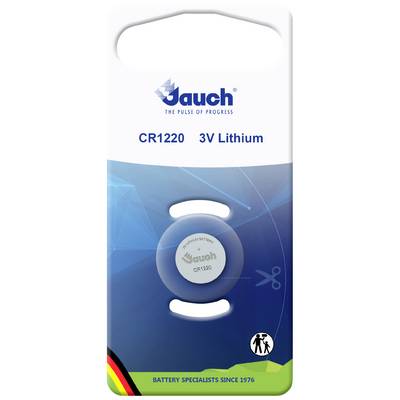 A CR1220 Lithium battery by 'Gauch', 3V voltage, packaged on a card. Text: 'Battery Specialists Since 1976'.<br><br>(Note: The translation remains the same as the original English text is already in British English.)