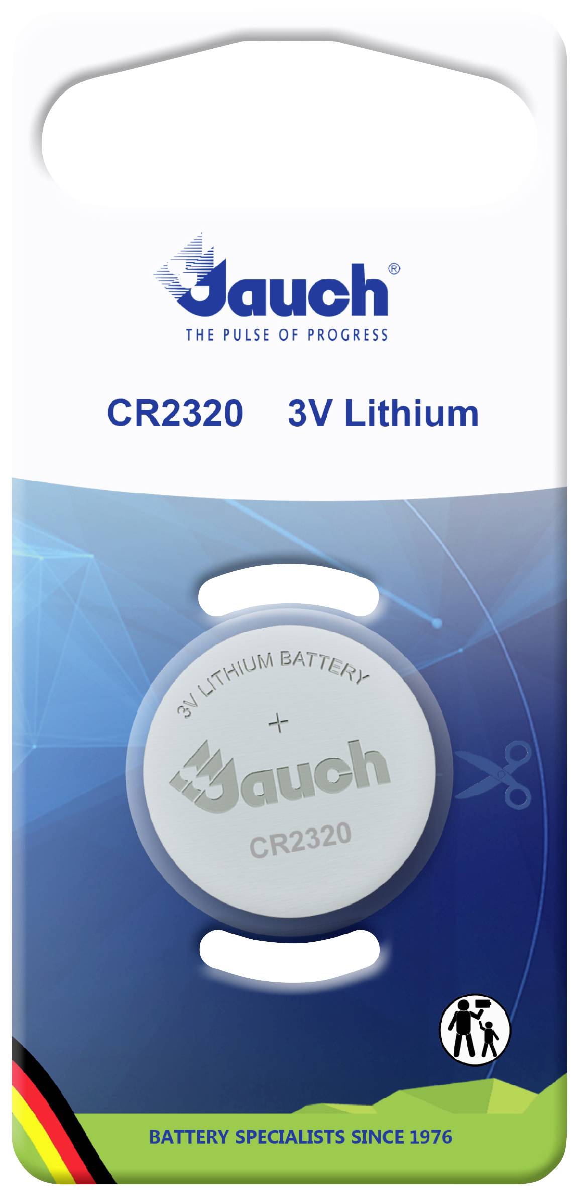 'Jauch CR2320 3V Lithium Battery' in packaging, light blue design with brand name at the top, safety symbol in the bottom right.