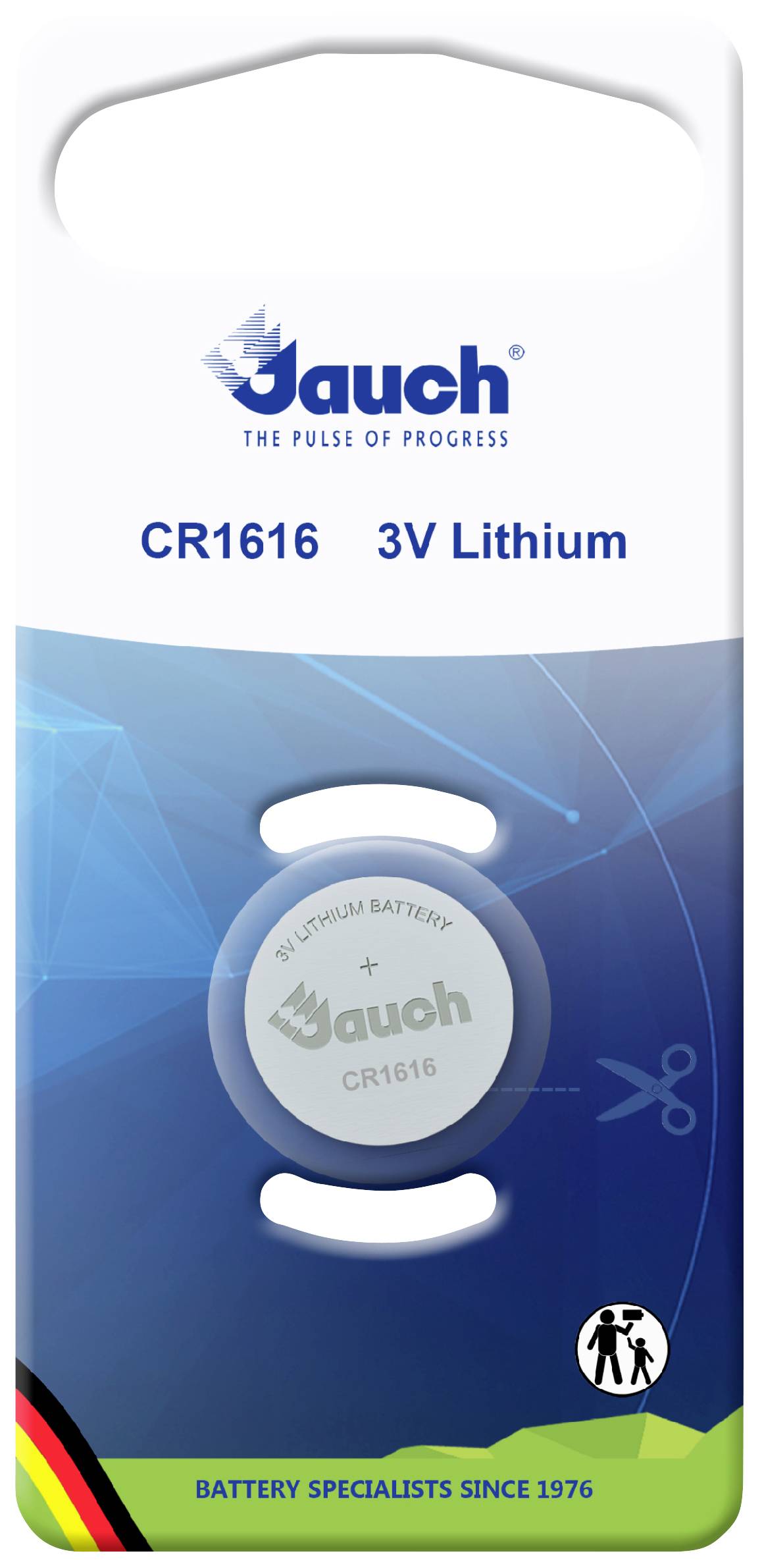 Packaging for a button cell battery 'Jauch CR1616 3V Lithium'. Contains information about manufacturer, model, and battery type.