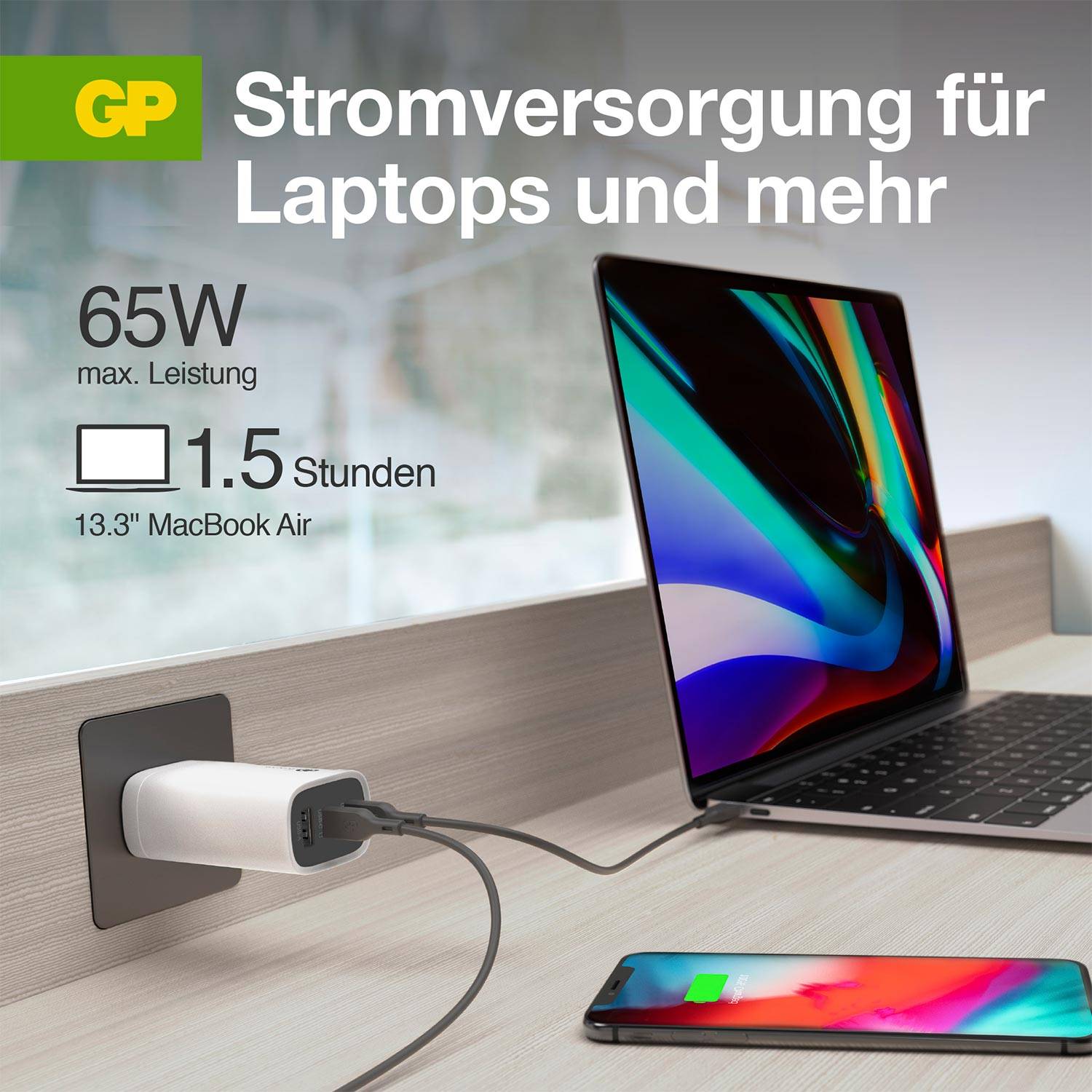Mains Power Supply for Laptops and More<br>65W max. Power<br>13.3" MacBook Air 1.5 Hours