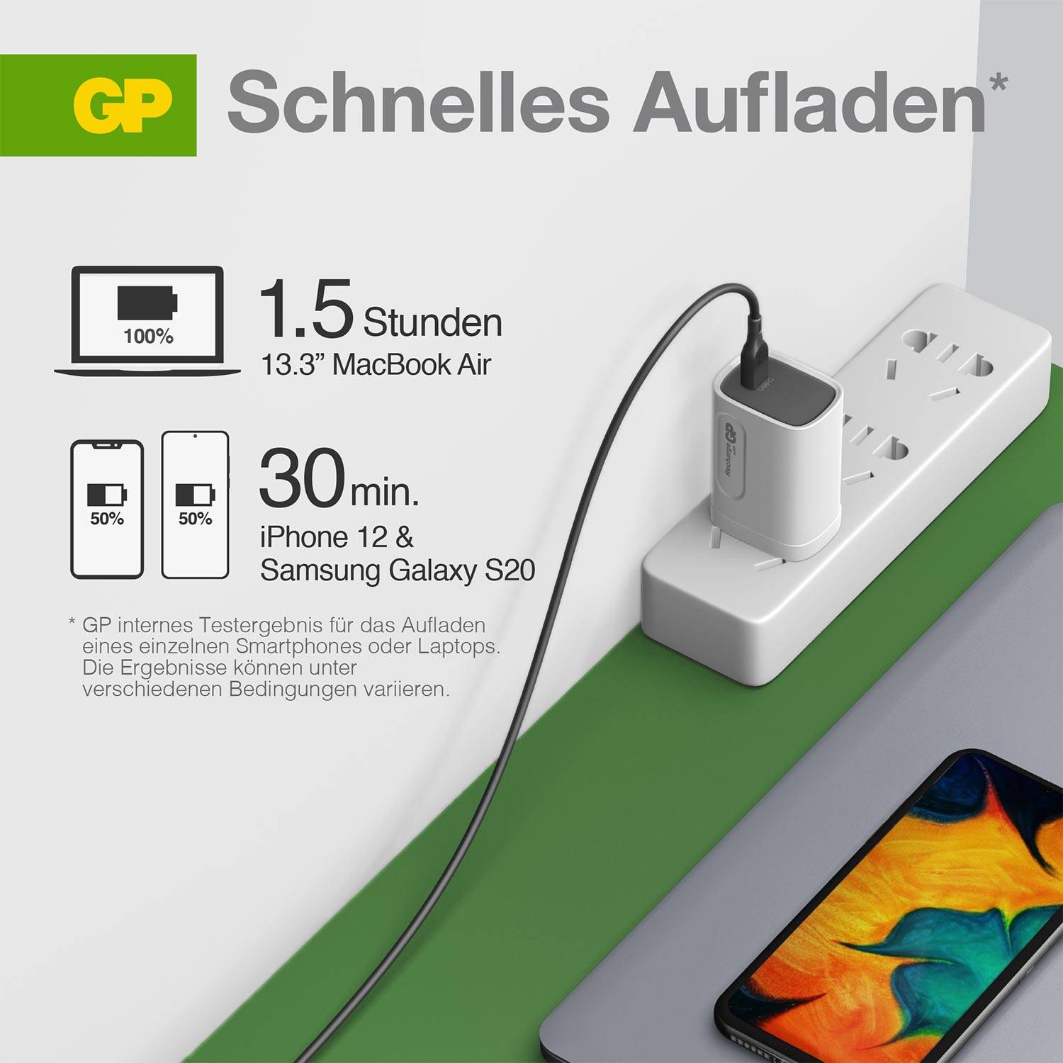 A charger is plugged into a socket, with a smartphone beside it. Text on the image: 'Fast Charging', '1.5 hours 13" MacBook Air', '30 mins iPhone 12 & Samsung Galaxy S20'