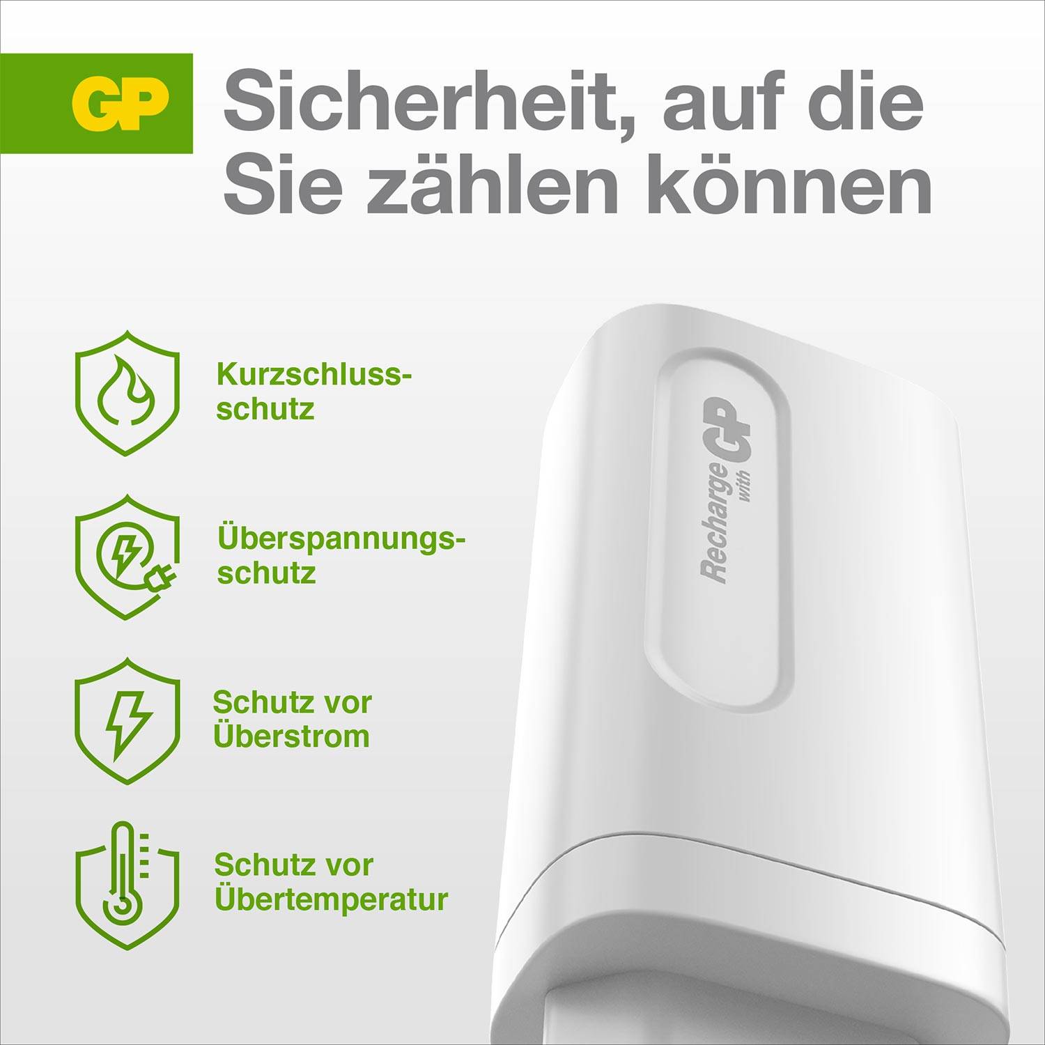 'GP Safety, you can rely on' shows a charger with symbols and text: Short-circuit protection, Overvoltage protection, Overcurrent protection, Overtemperature protection.
