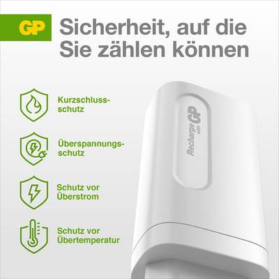 'GP Safety, you can rely on' shows a charger with symbols and text: Short-circuit protection, Overvoltage protection, Overcurrent protection, Overtemperature protection.