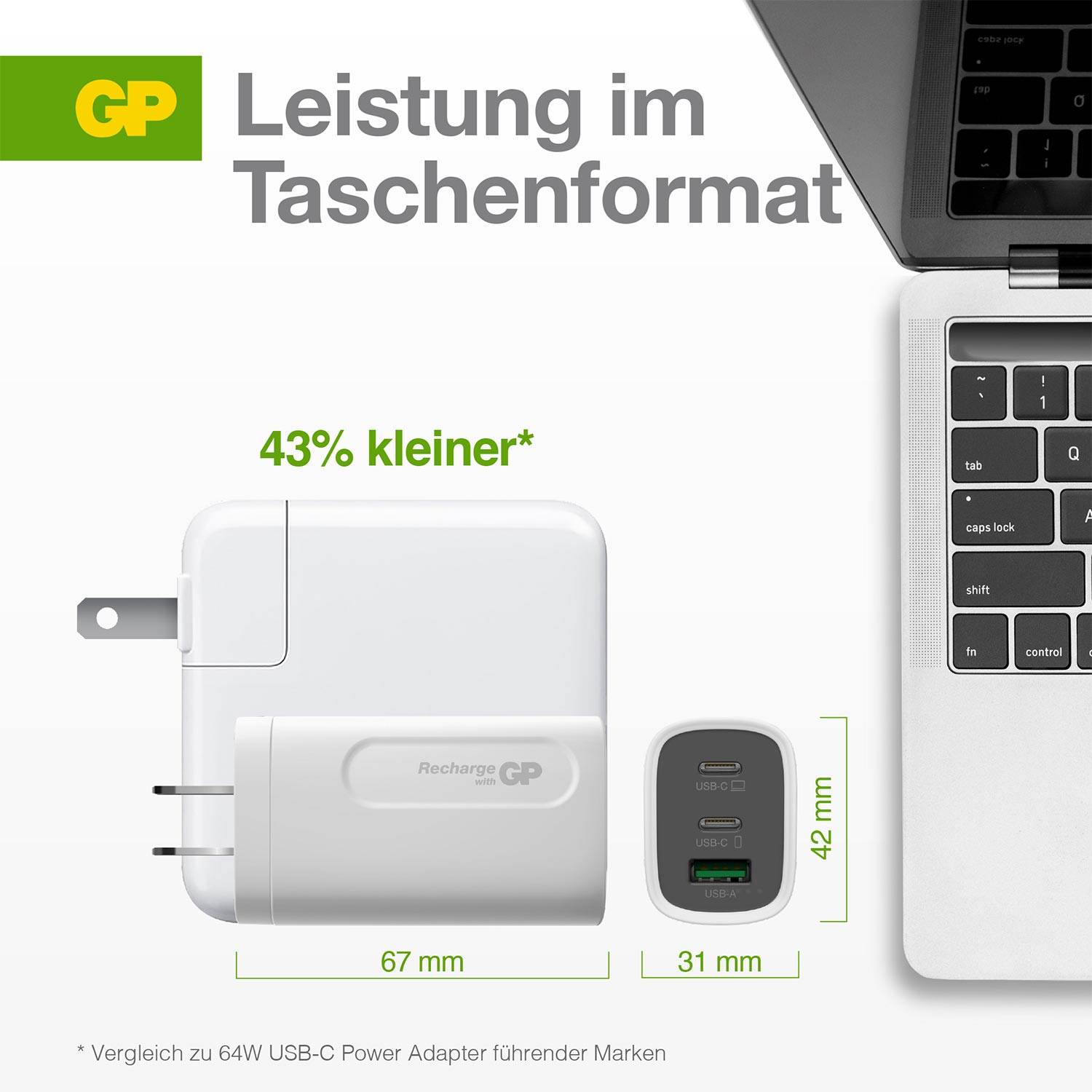 A white USB-C charging adapter by GP, 43% smaller, shown next to an open laptop. Dimensions: 31 mm x 42 mm.