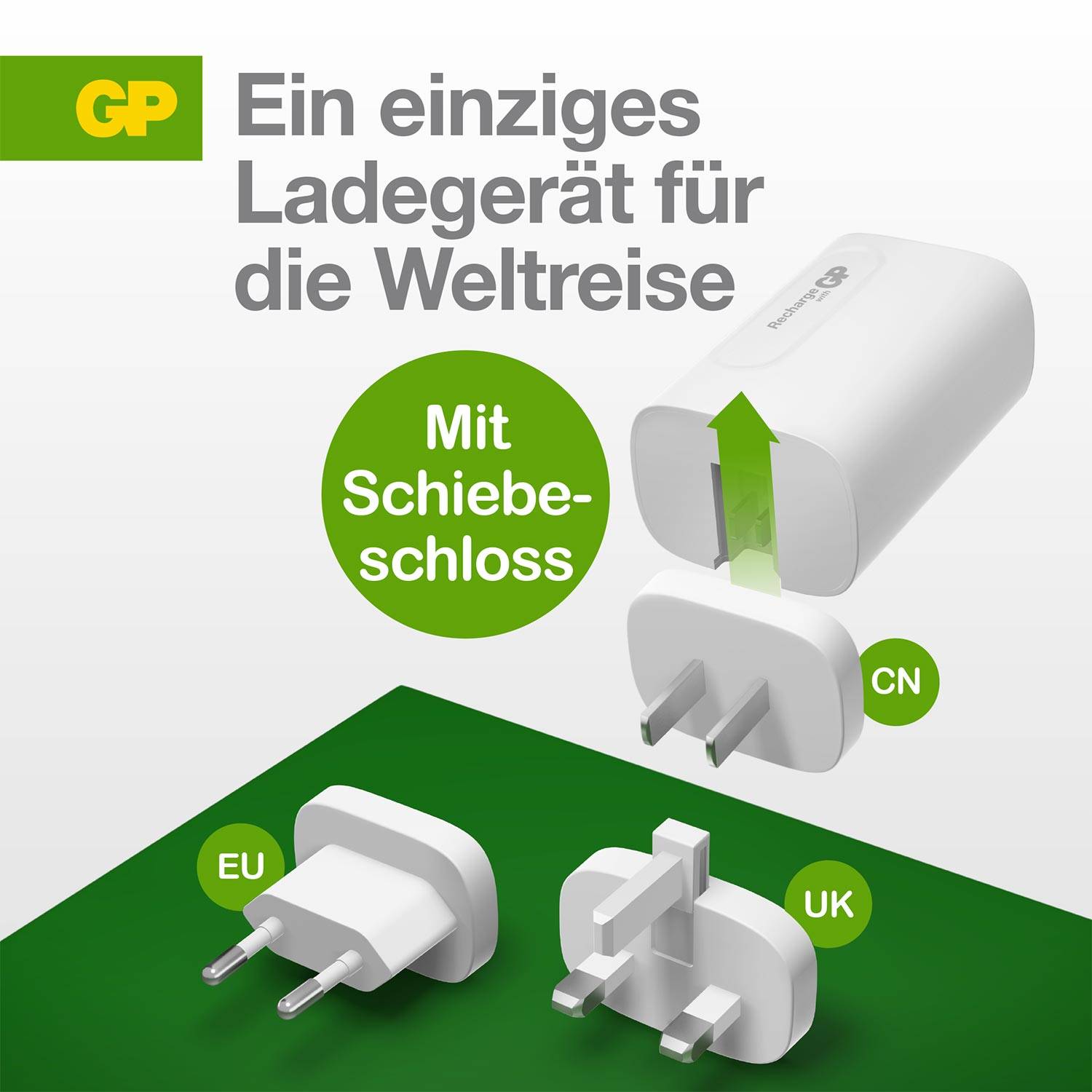 Travel charger with sliding lock. Suitable for EU, UK and CN plug sockets. Text at the top reads 'One single charger for world travel'.