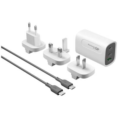 Various plug adapters and two black USB-C cables next to a white charger with two USB ports.
