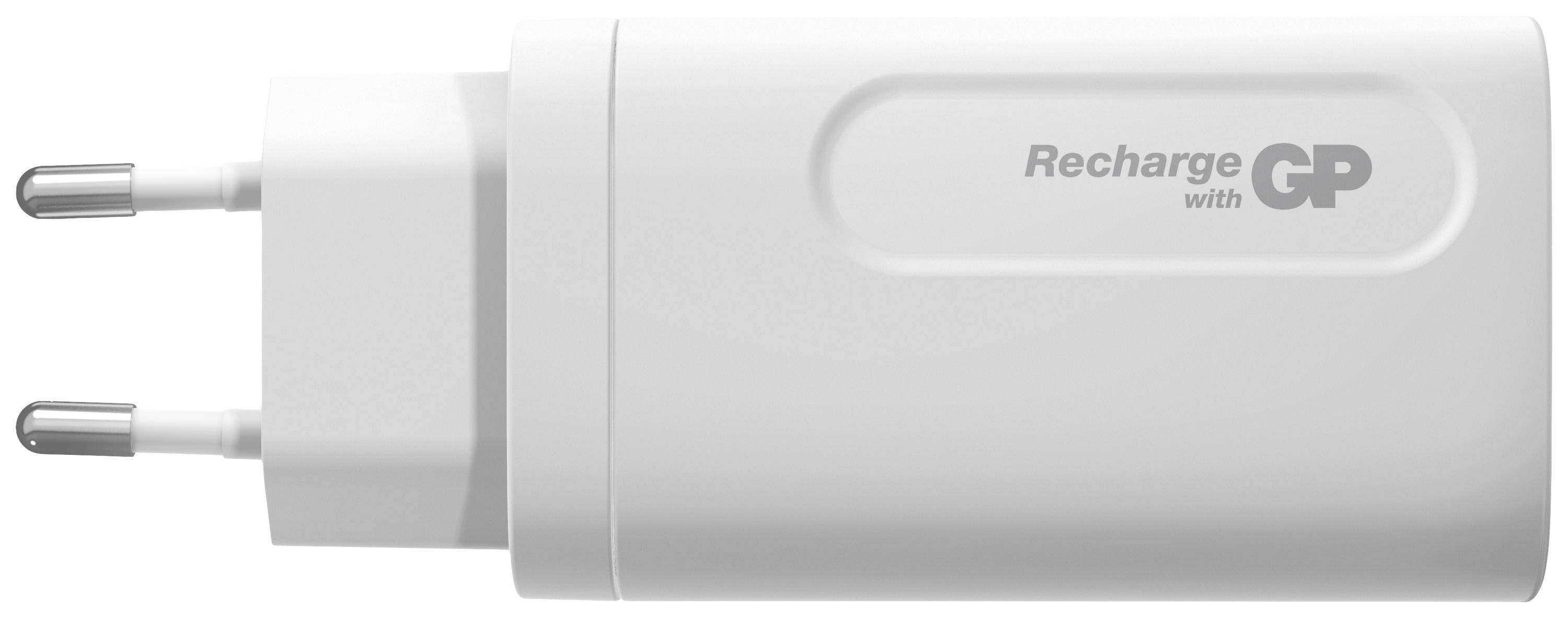 White charger with EU plug, side view with the inscription 'Recharge with GP'.
