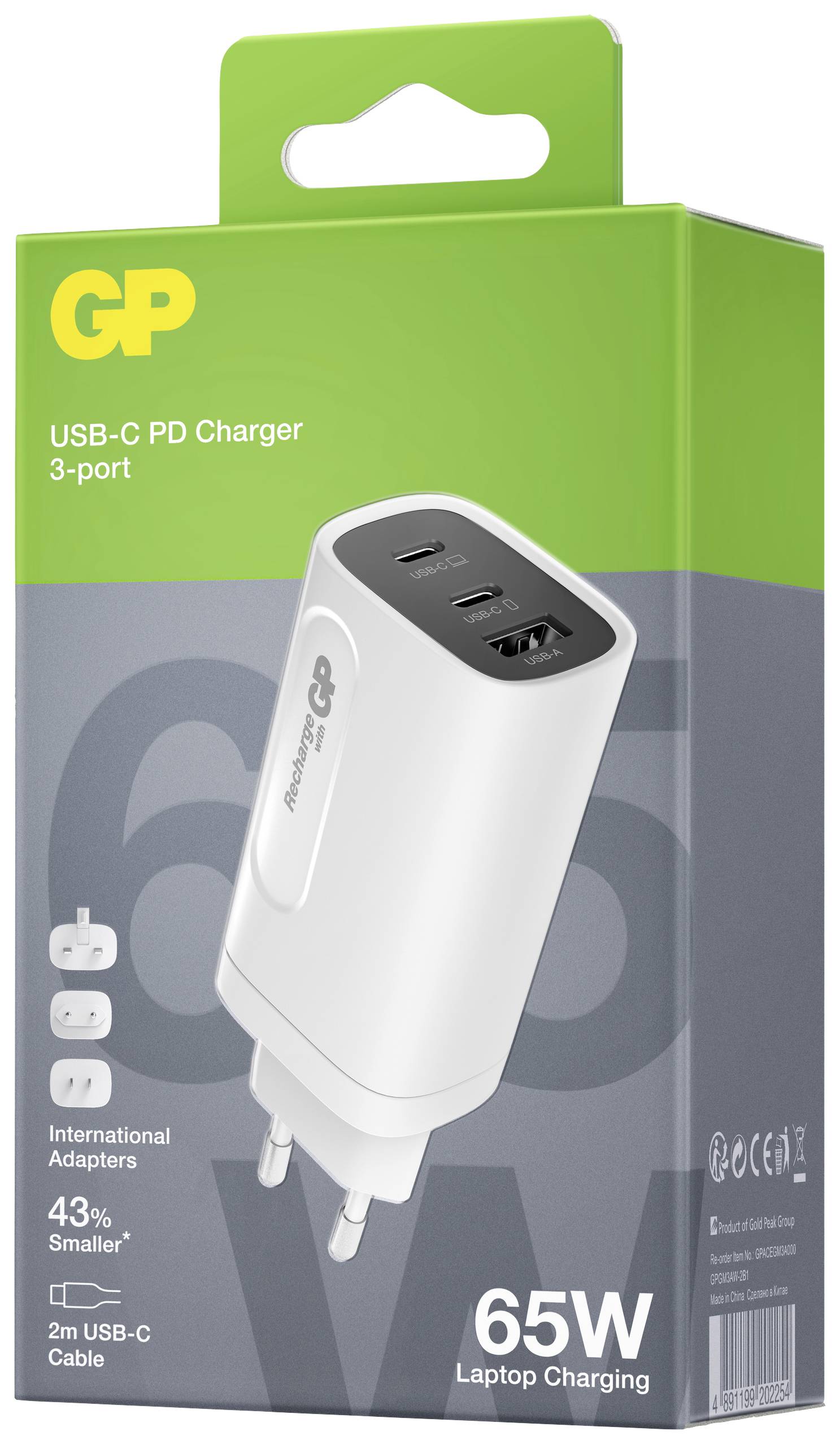 USB-C PD Charger with 3 Ports, 65W Power. Includes International Adapters and 2m USB-C Cable. Packaging in Green.