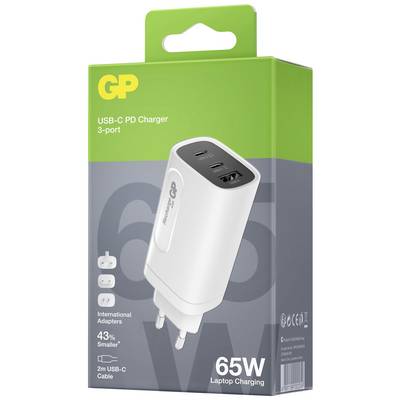 USB-C PD Charger with 3 Ports, 65W Power. Includes International Adapters and 2m USB-C Cable. Packaging in Green.