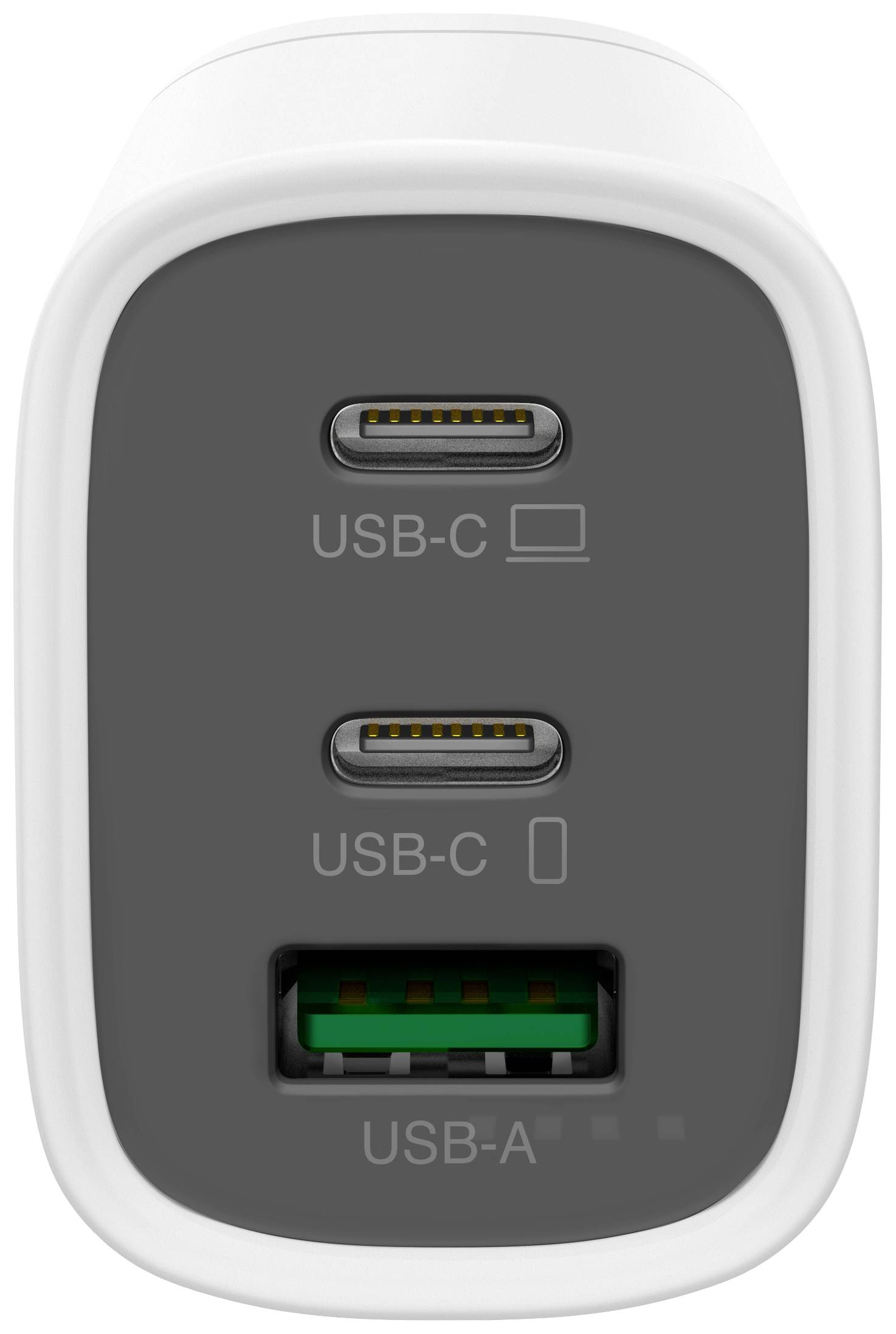 A charger with two USB-C ports and one USB-A port, suitable for simultaneously charging multiple devices.