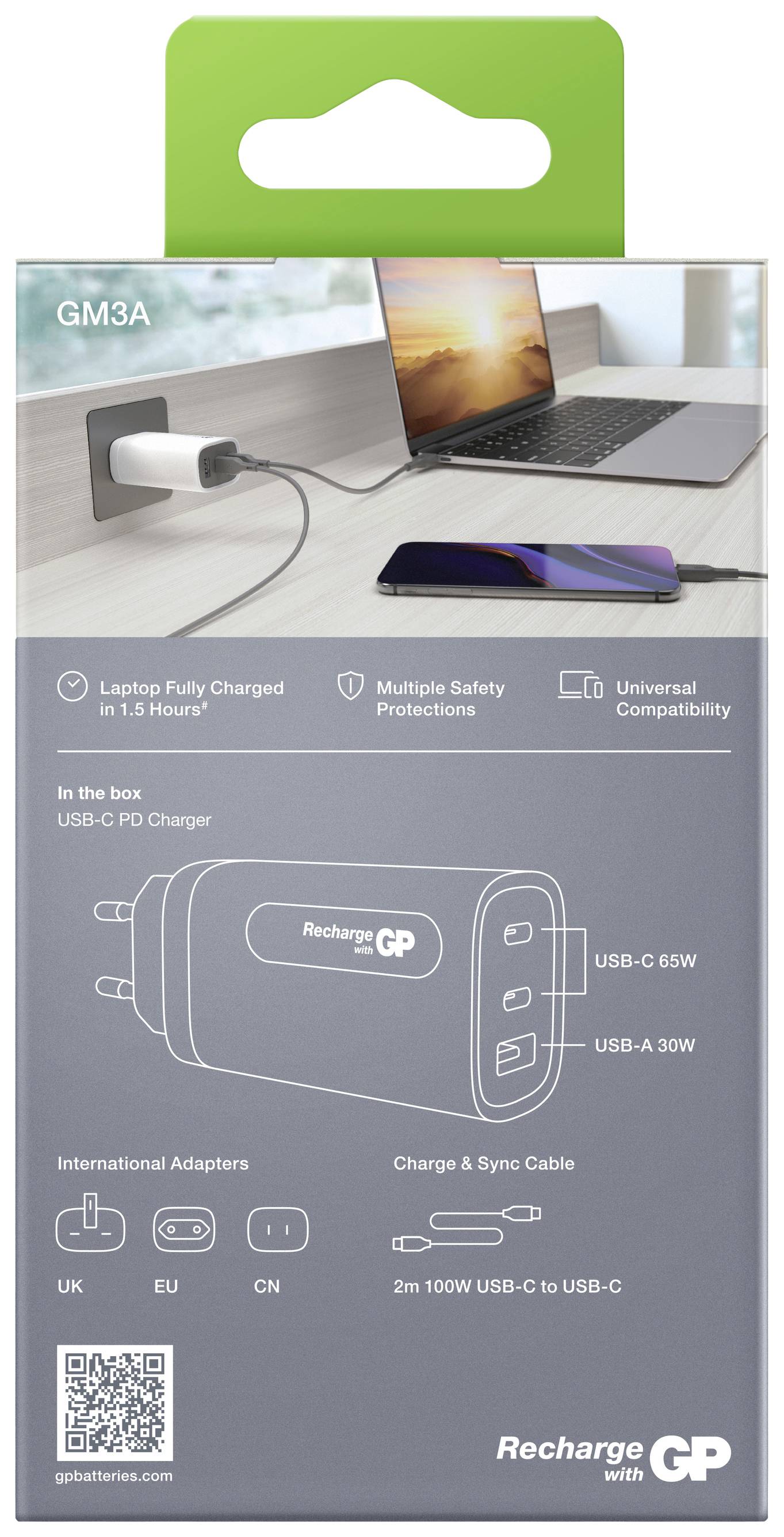 'Recharge GP Charger GM3A' with USB-C PD port, together with cable and adapters. Laptop and smartphone demonstrate usage possibilities.