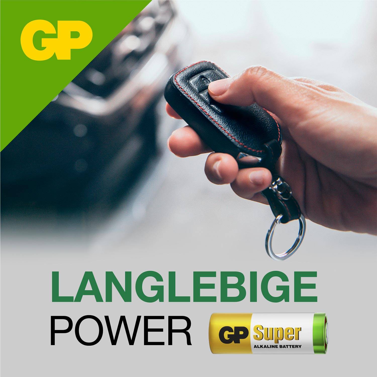 A hand holds a car key. The 'GP' logo is located in the top left. In the bottom right, the text reads 'Long-lasting Power' with an image of a GP Super Battery.