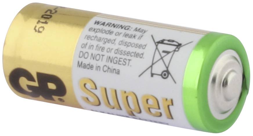 An AA battery labelled 'Super' with a warning notice: Do not swallow, do not throw into fire, manufactured in China.