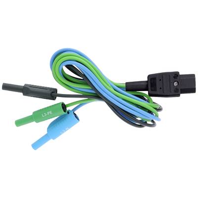 A measuring adapter with four cables: two green, one blue, and one black. The green cables are marked with 'L3-PE' and 'L1-N'.
