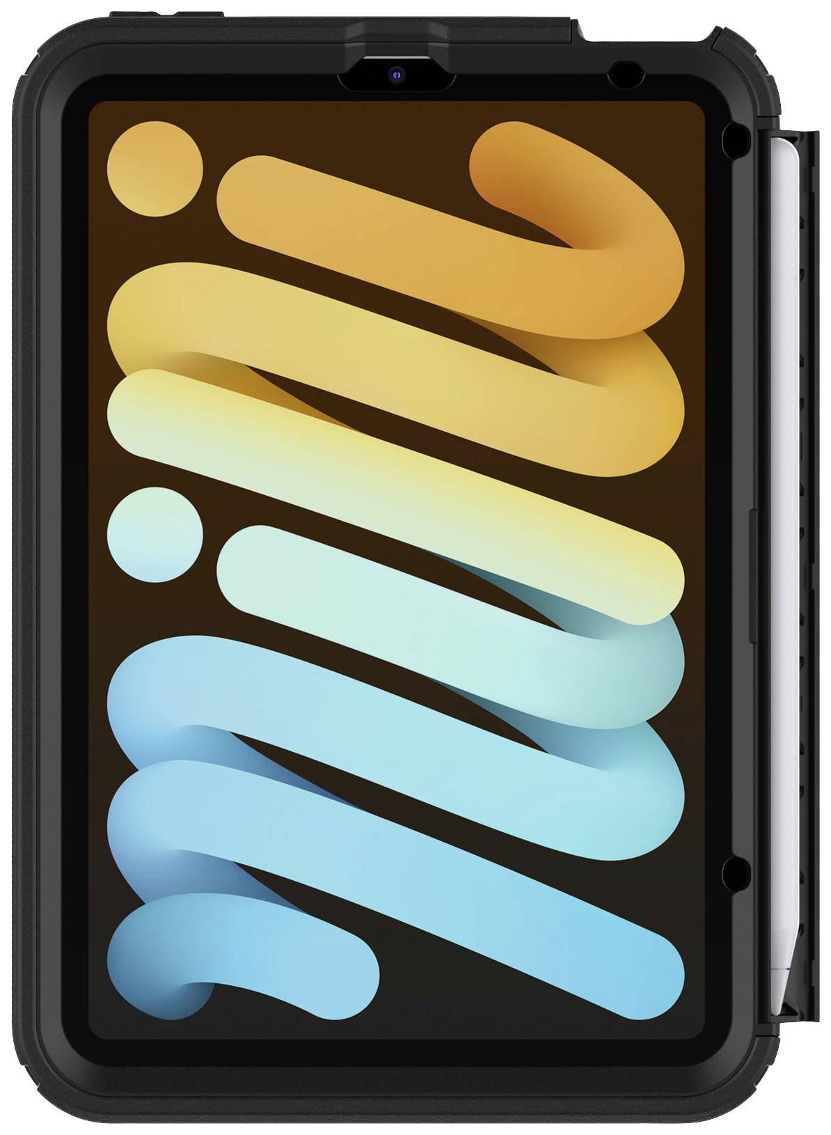 Tablet with a robust casing, colour screen background in yellow and blue. Stylus attached to the side.