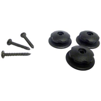 Three black screws and three black covers against a white background.