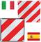 Two warning signs with red and white diagonal stripes, left for Italy, right for Spain. Flags of the respective countries above/below.