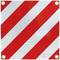Red and white diagonal stripes on a sign with four metal eyelets. It signals a warning or safety measure.