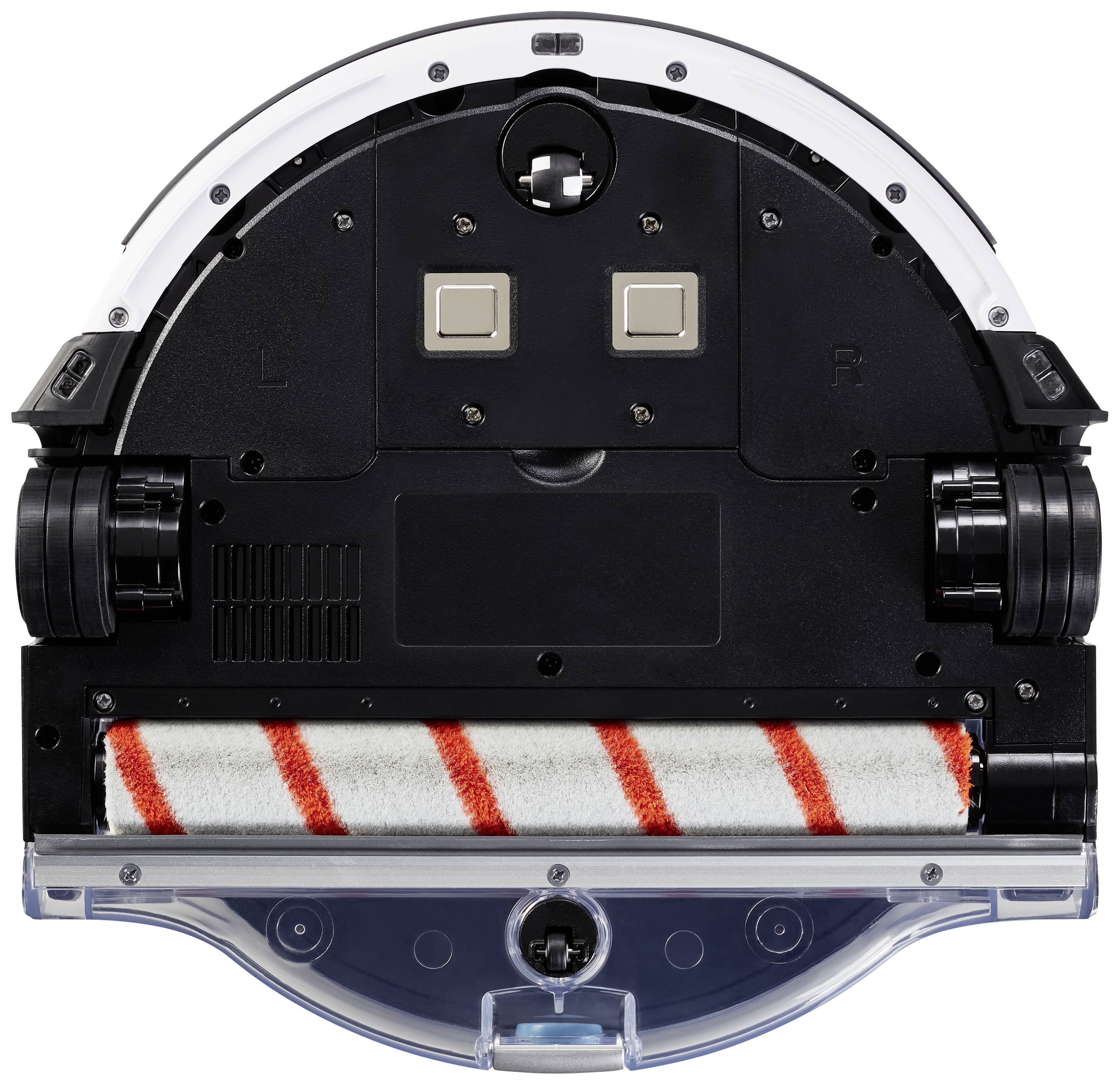 'Underside of a round robotic vacuum cleaner with two large wheels, two skid pads, and a red and white striped brush in the centre.'