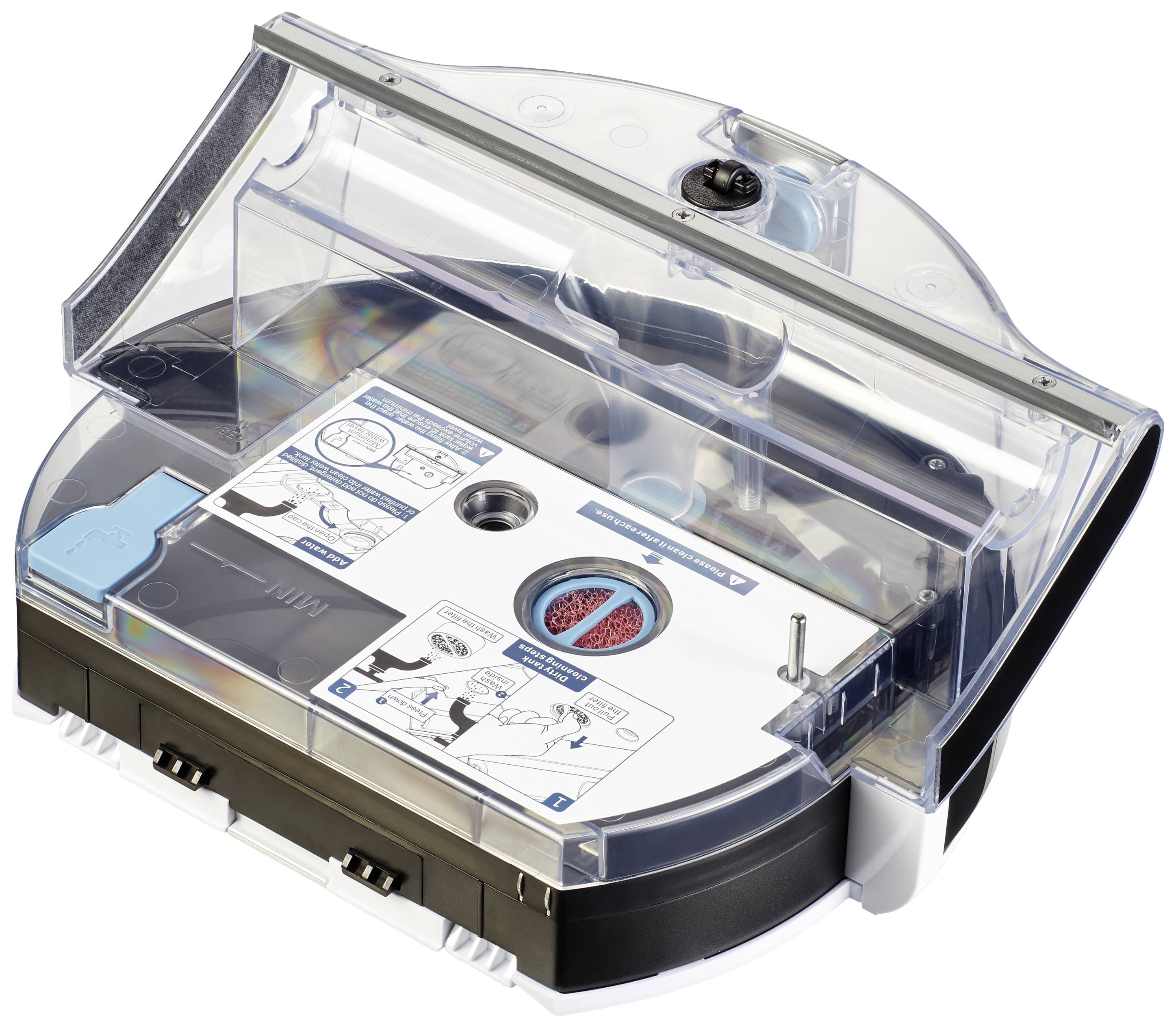 'Vacuum cleaner container with filter insert, transparent housing and instruction manual on the top. Assembly screws included.'