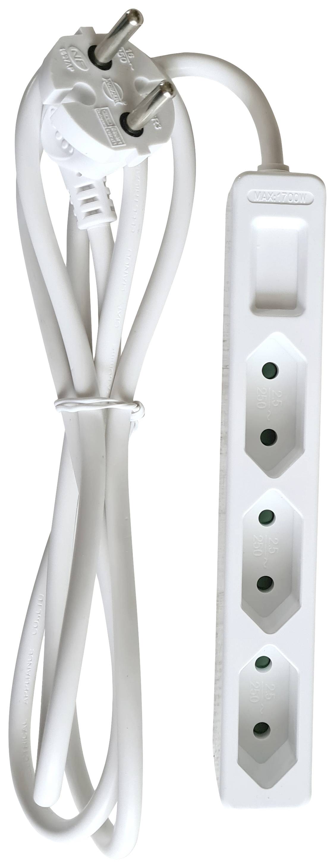 White multi-socket extension lead with three sockets and a long cable, suitable for connecting multiple electrical devices.