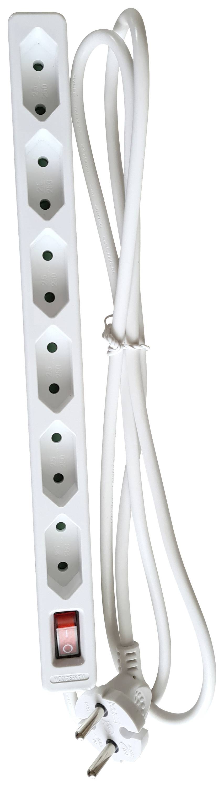 Six-socket power strip with white cable and red switch. Suitable for powering multiple devices simultaneously.