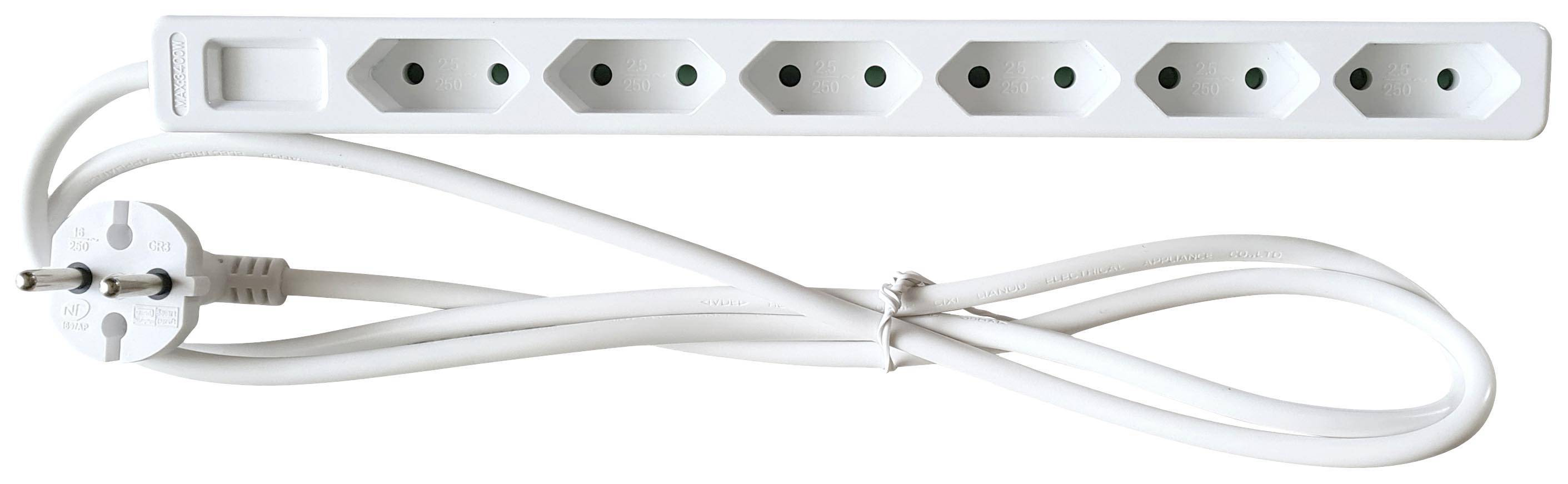 White multi-socket extension lead with six sockets and attached cable, suitable for expanding power outlet options.